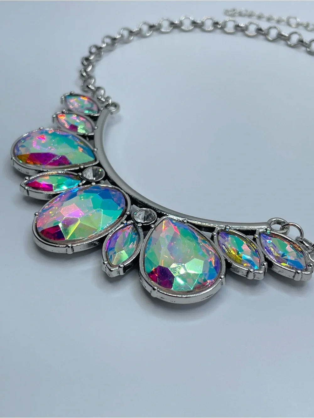 Silver AB Crystal Statement Bib Necklace Iridescent Glam Bold
